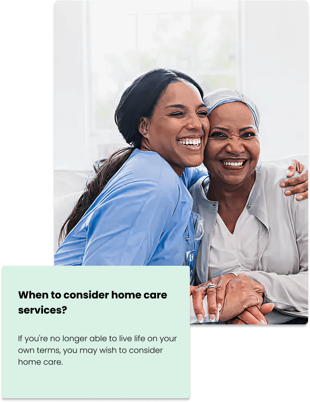 A carer embracing an elderly client warmly, with a note on when to consider home care services